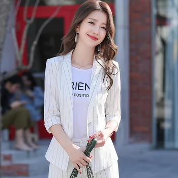 

Middle Sleeve Small Suit Coat Female White Stripes Grain 2020 Leisure Temperament Summer Suit Suit Five Points Sleeve Thin