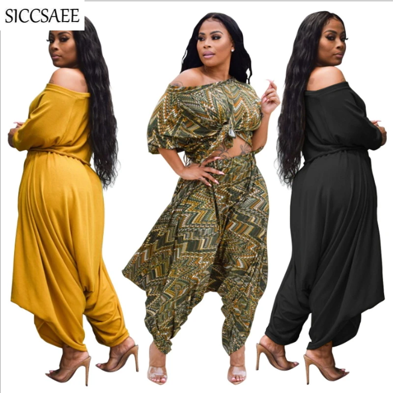 

2019 Fall Cropped Crop Top Wide Leg Palazzo Pants Loose Two Piece Set Women Sexy Casual Outfits For Women Wrinkle Harem Overalls