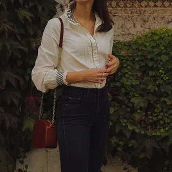 

2020 Spring White Cotton Shirts With Mesh Collar Hollow Out Women Long Sleeve Blouse Top