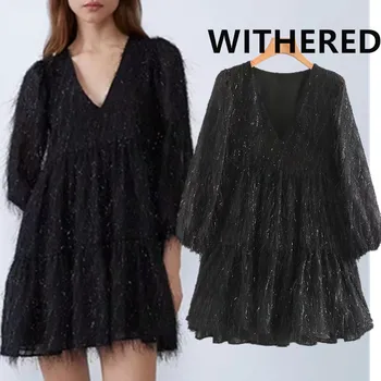 

Withered england style office lady elegant v-neck sexy tassels mini dress women vestidos de fiesta de noche vestidos party dress