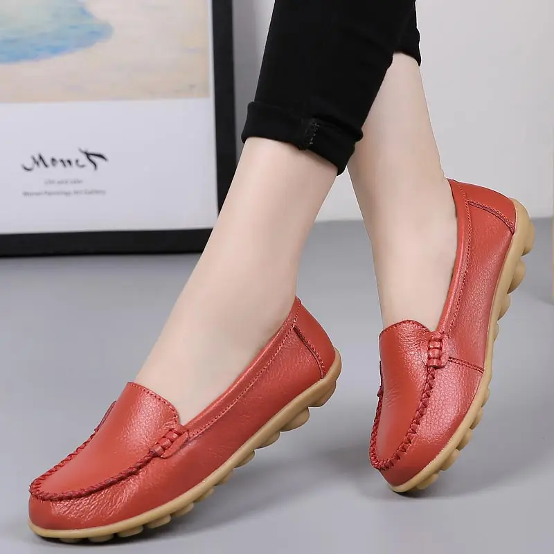 Watermelon Red Новые однотонные кожаные туфли на плоской подошве; женские балетки на плоской подошве; повседневная обувь; балетки из натуральной кожи без застежки; женские Мягкие Мокасины - Цвет: Watermelon Red