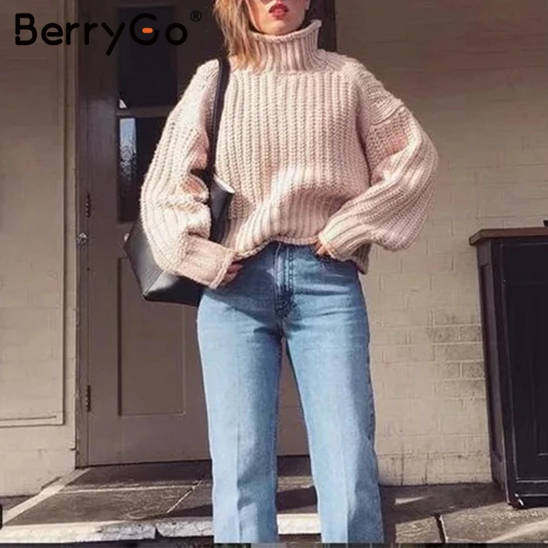 BerryGo водолазка однотонный пуловер свитер для женщин Осень зима рукав летучая