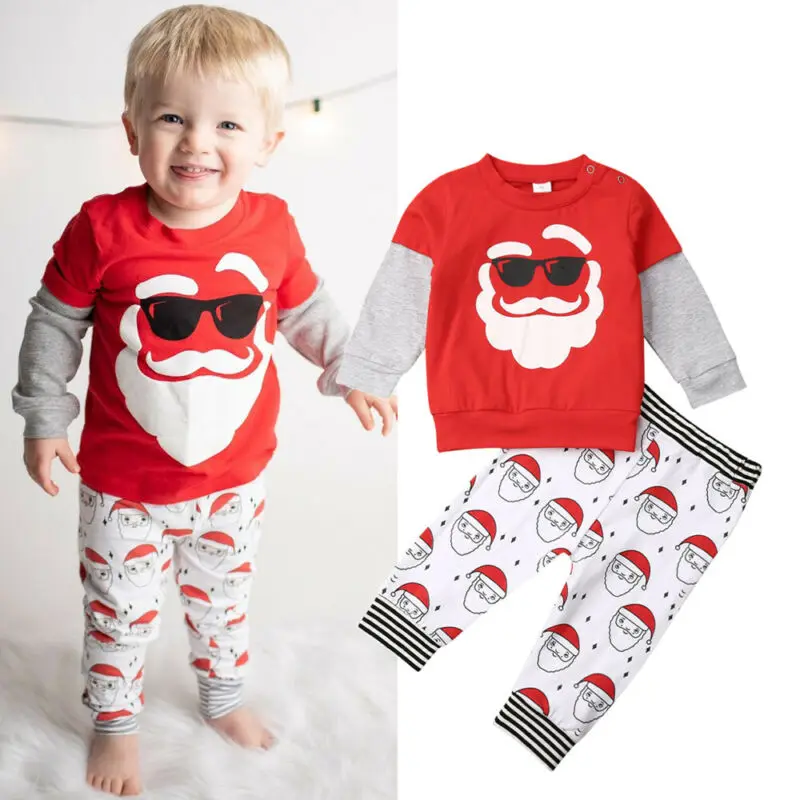 Модные рождественские комплекты костюмов для маленьких мальчиков и девочек пуловер с Санта-Клаусом Толстовка+ длинные штаны детские костюмы из 2 предметов 1-6Y