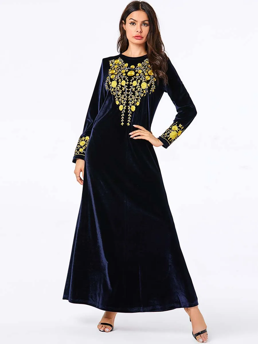 Dark blue Мусульманское платье, мусульманское, турецкое, модное, размера плюс, женское, Дубай, Вышитое, арабское, для досуга, золото - Цвет: Dark blue