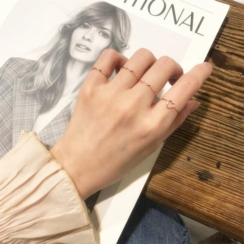 Conjunto de anillos de ondas de corazón de oro rosa para mujer, anillos geométricos minimalistas de Metal, joyería de fiesta 2021