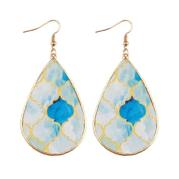 

ZWPON Baroque Designer Flower Pattern PU Leather Big Teardrop Earrings Gold Color Zinc Alloy Frame Earrings for Woman Jewelry