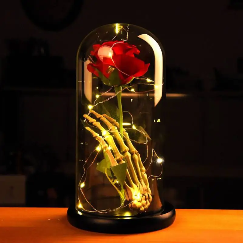 

Creative Artificial Rose with Lampshade Valentine's Day Wedding Rose Gifts with Skeleton Hand Wooden Base Home Romantic Figurine