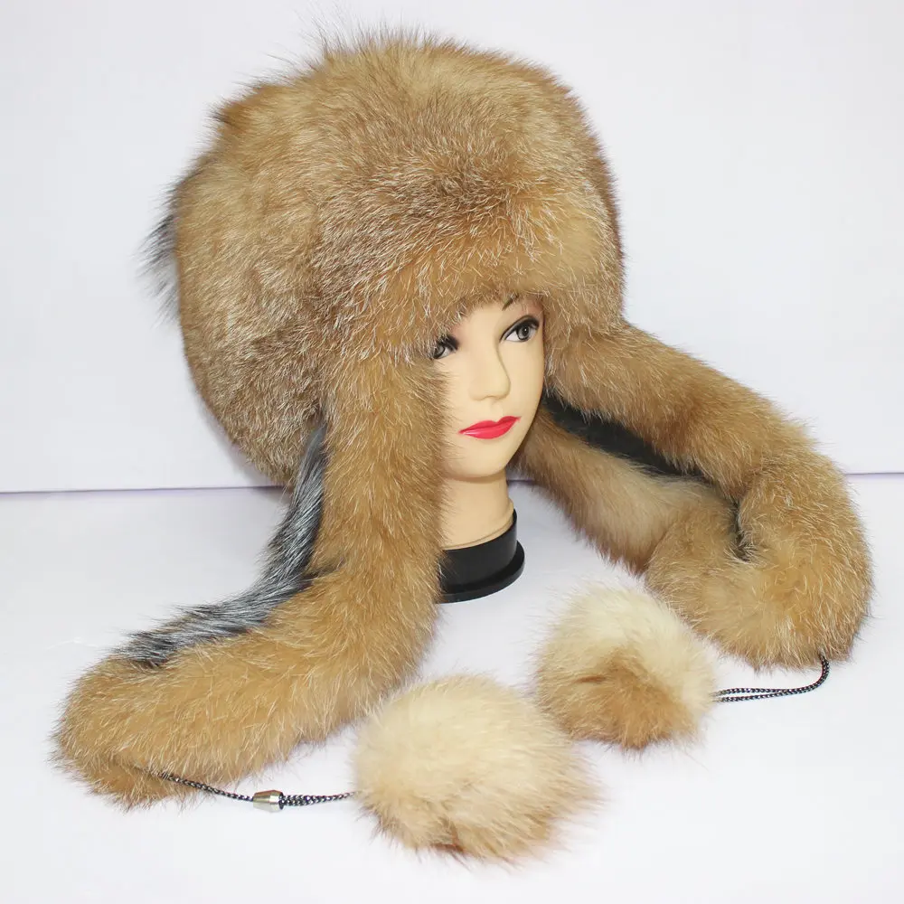 

real Fox fur Hat Woman bombei Natural fur hat female Ear protectors cap New Model 2019