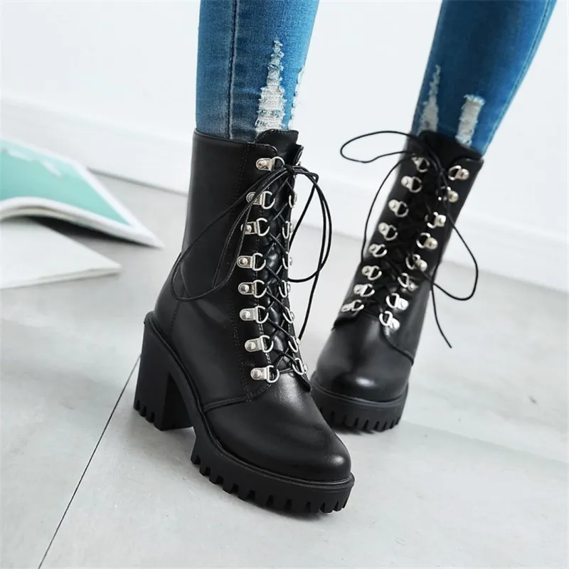 

Plus Size Autumn Cross Strap Lace Up High Heels Platform Boots Mid Long Gothic Motorcycle Boots Womens Shoes Black 2019