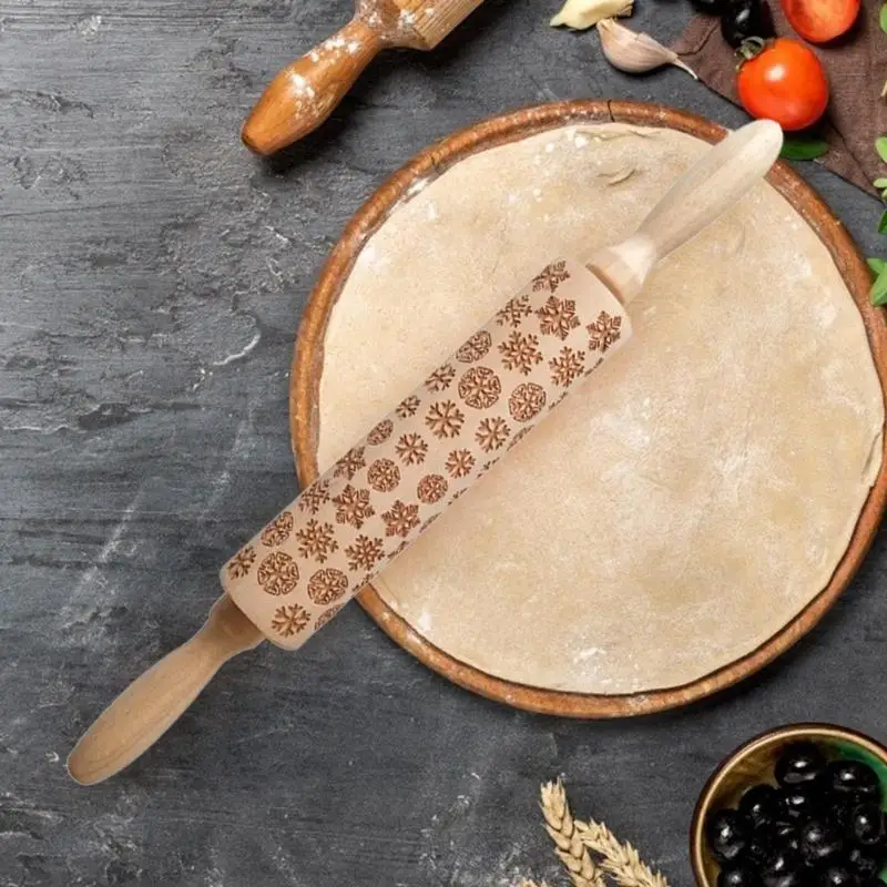 

Christmas Wooden Rolling Pin Embossed Snowflake Reindeer Christmas Tree Elk Print Rolling Pin Laser Carved Xmas Decor And Gifts