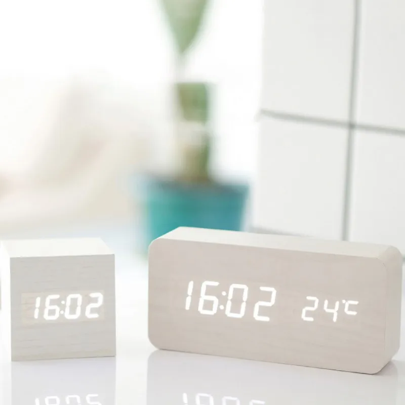 LED Alarm Clock Digital Multifunction Modern Wooden Desk Square Sounds Control Thermometer Home Decoration | Дом и сад