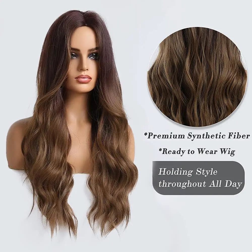 Long Water Wavy Synthetic Wigs Ombre Brown Middle Part Natural Hair Wigs For Women Cosplay Wigs Heat Resistant Fiber