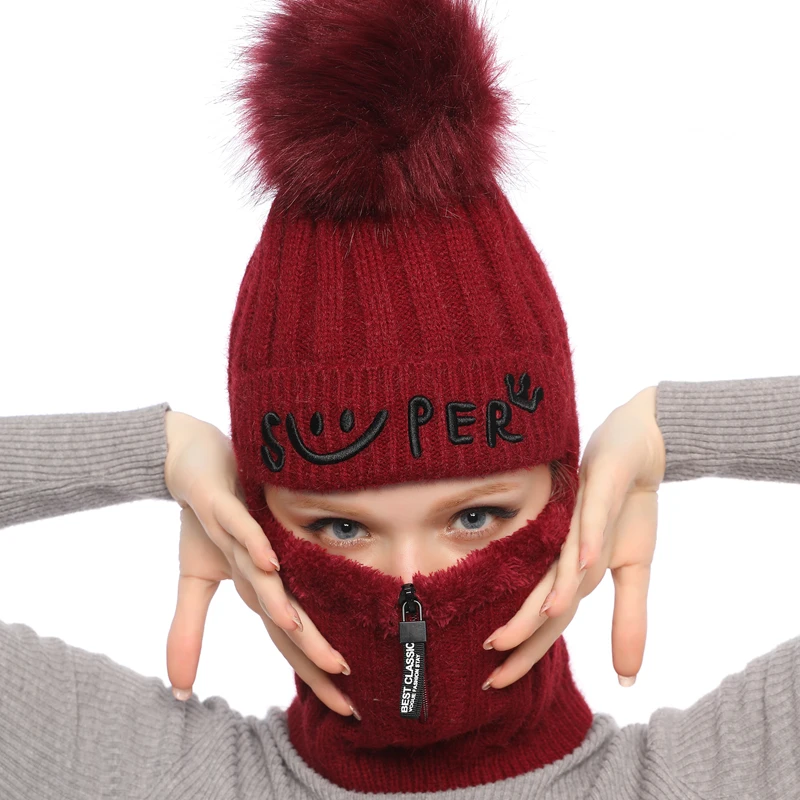 Зимняя новая вязаная шапка женские шерстяные шапка-маска с подогревом и уплотнением велосипедной шапки