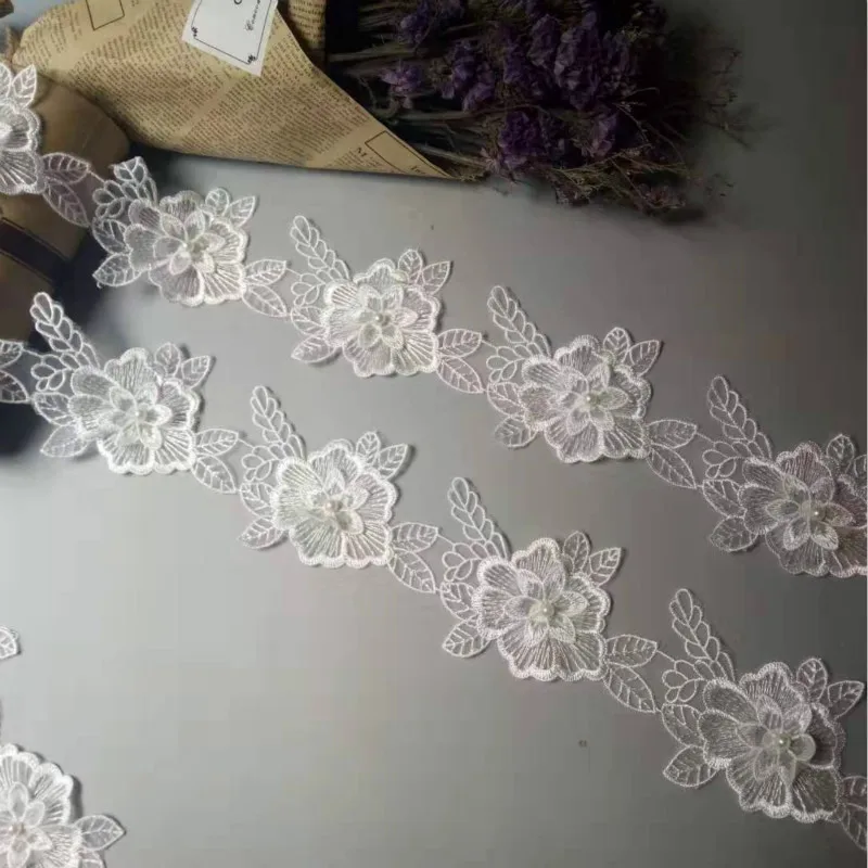 2 ярда Белый хлопок жемчужные цветы лист вышитая кружевная отделка Лента из ткани