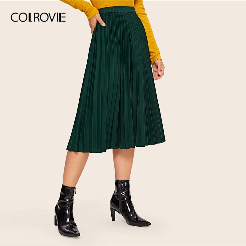 

COLROVIE Solid Elastic Waist Pleated Skirt Women Pleated Long Skirt 2020 Spring Casual High Waist Elegant Ladies Skirts