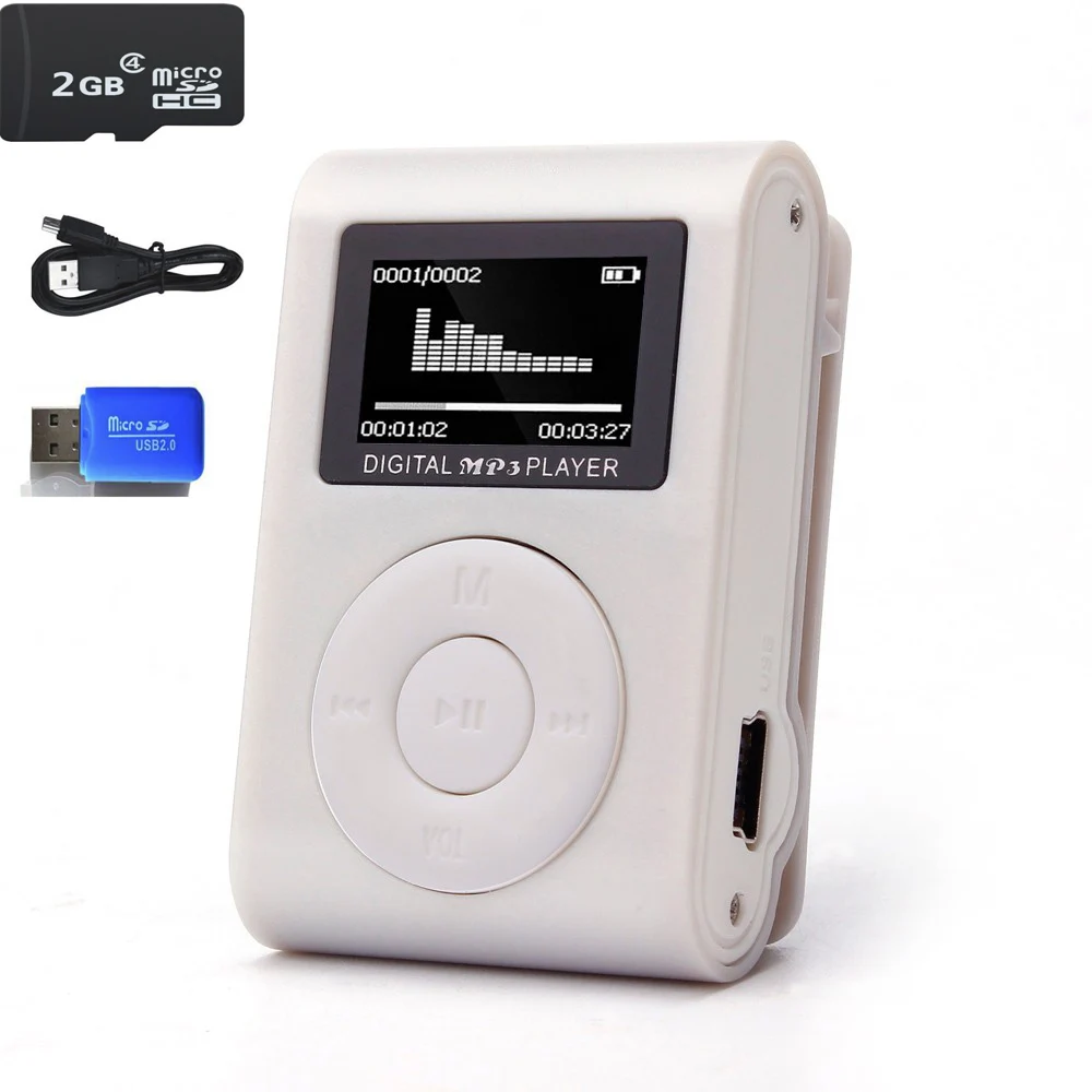 Серебристый 2 Гб памяти автомобиля мини USB Клип ЖК-экран MP3 музыкальный плеер Поддержка MP3-плеер USB линия передачи данных наушники спортивный металлический музыкальный плеер - Цвет: Серебристый