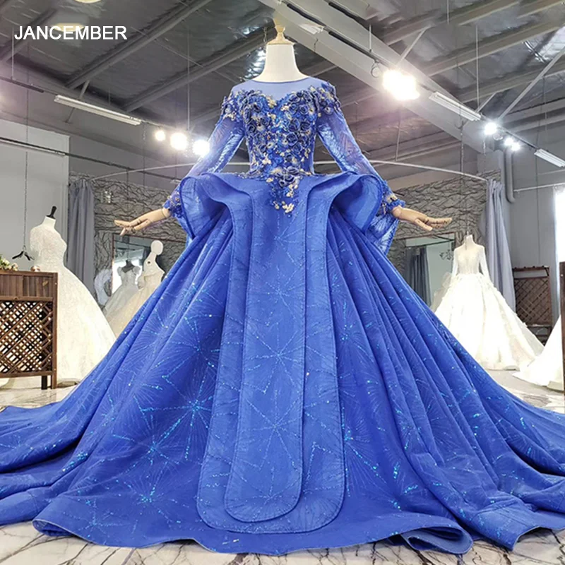 HTL1662 Calm Flowers Delicate Embroidered Royal Blue Long Sleeve O-Neck Evening Dress 2020 robe de soiree longue mariage 1