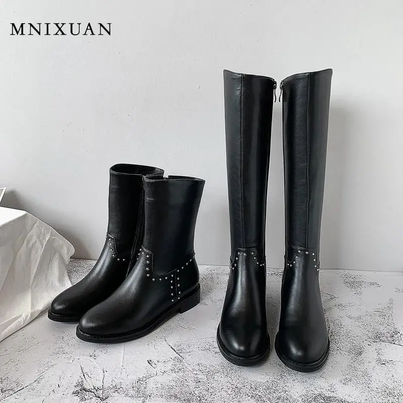 MNIXUAN/модные ботинки дизайнерские бренды люксовые женские ботинки г. Новые зимние сапоги до колена из натуральной кожи на блочном каблуке Большие размеры 42