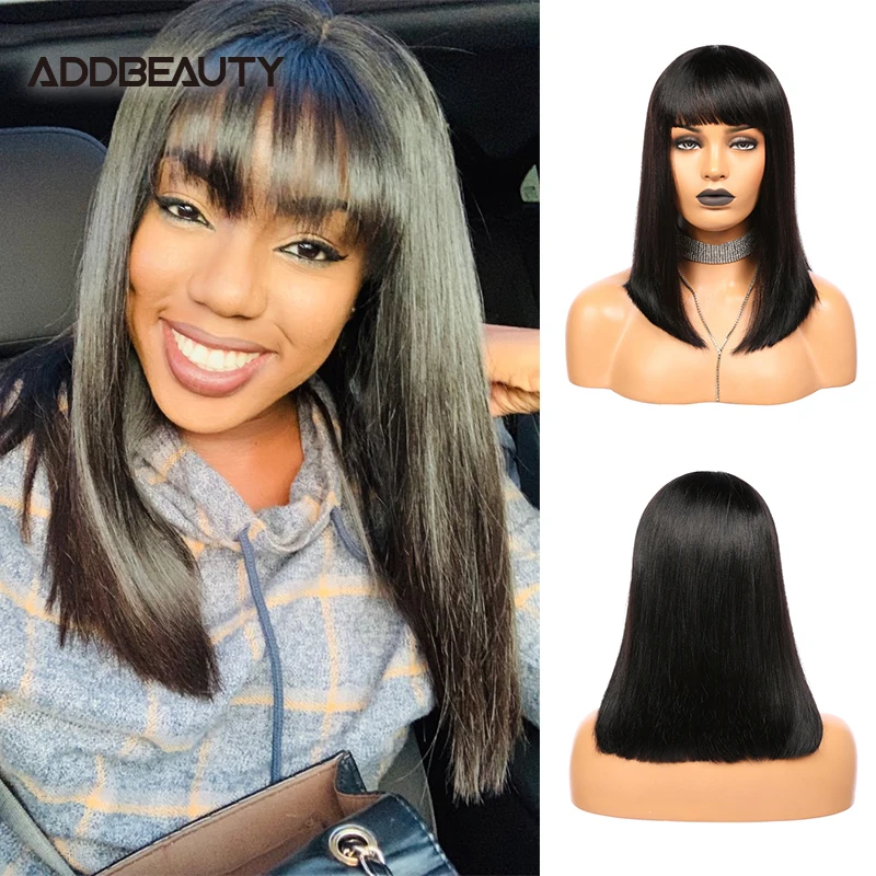 

Brazilian Straight Human Hair Wig with Bang Addbeauty Full Machine Made Wigs for Black Women Remy Hair Wigs Natural Color 150%