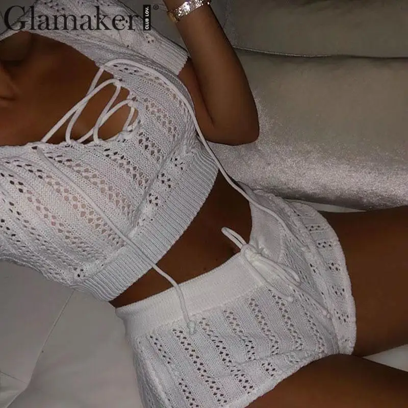 

Glamaker Knitted sexy white bandage short jumpsuit Women hollow out playsuit romper Female two piece set jump suit party overall