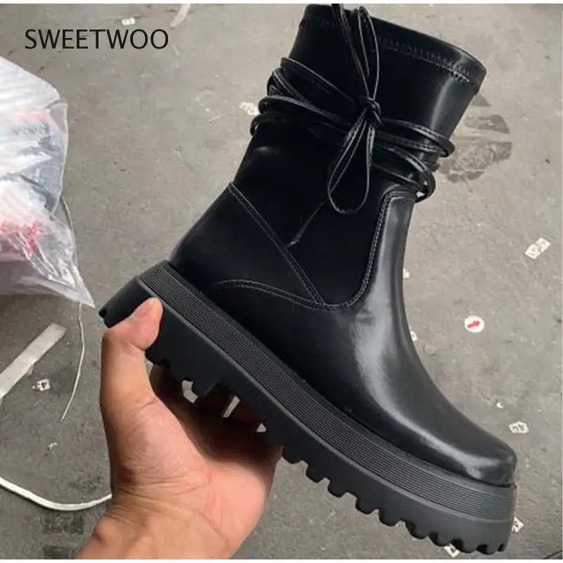 Women's Fashion Boots PU Leather Platform Female Bandage Ankle Boot Zipper Thick Bottom Non Slip Woman Shoes Autumn Winter 2021