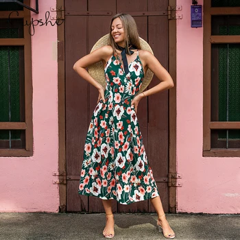 

CUPSHE Green Floral Midi Dress Woman Sexy V-neck Sleeveless Open Back Dress 2020 Summer Spaghetti Straps Sundress Vestidos Dress