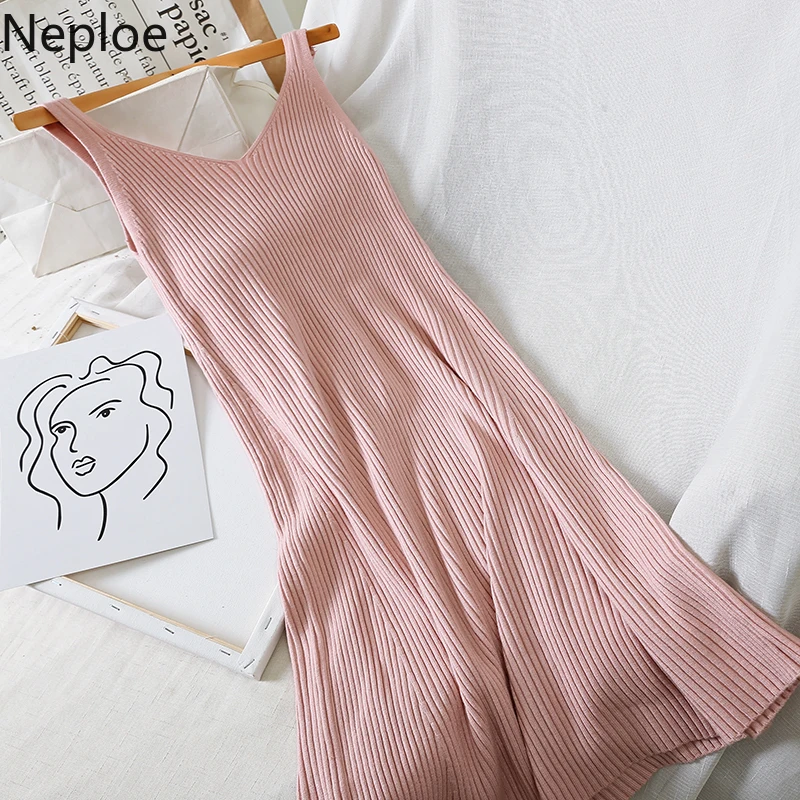 Neploe, трикотажное платье для женщин, осень, весна, темперамент, тонкий, v-образный вырез, без рукавов, платье трапециевидной формы, средней длины, Топики, осень, Ropa 47174