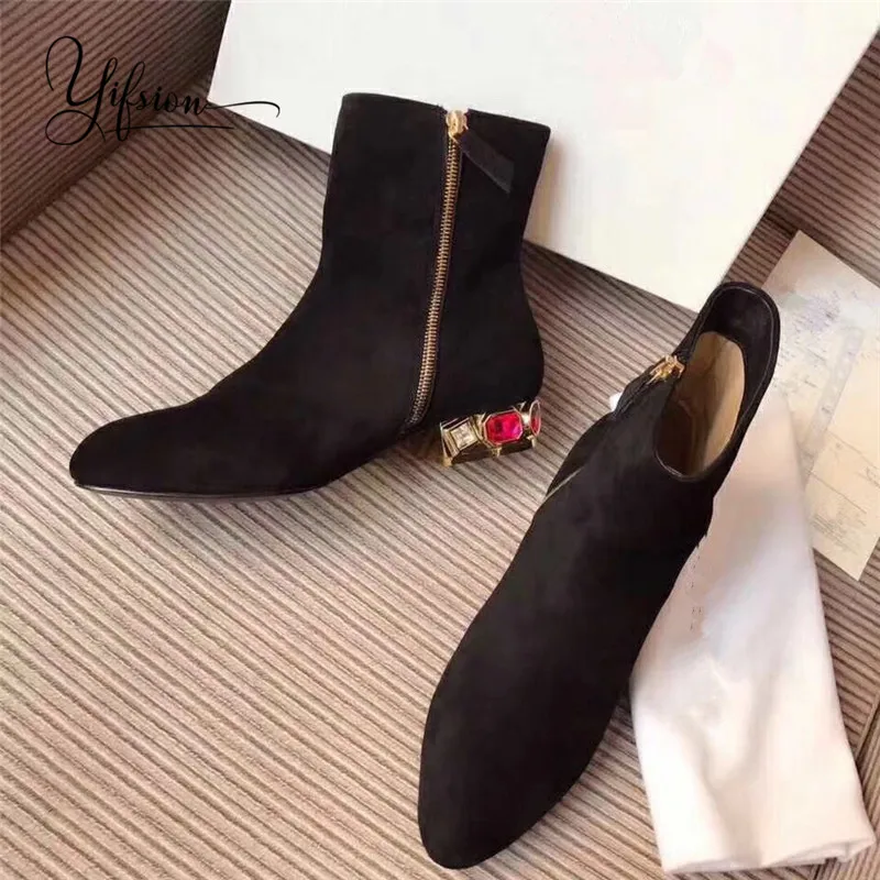 

OLOME New Boots Women Kid Suede Shoes For Winter Boots Shoes Woman Crystal Autumn Genuine Leather Botas Female Ankle Boots