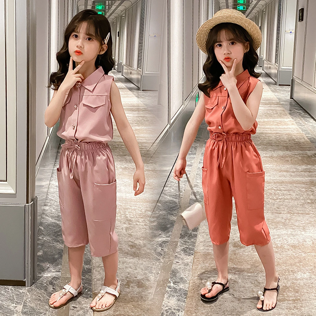 Ropa elegante para niña y bebé, ropa bonita sin mangas con botones de color sólido, pantalones holgados con correa en la cintura, 2021|set de - AliExpress