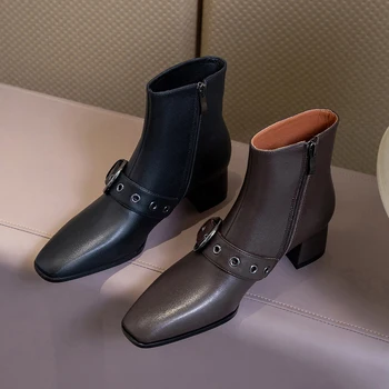 

CIALISA Women Shoes Autumn Winter Genuine Leather Thick Specail Retro Punk Round Toe Ankle High Boots Women