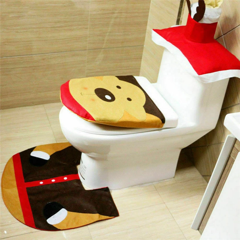 Санта-Клаус, накидка на сиденье для унитаза, коврик для ванной, набор для украшения, Рождественское украшение для дома, сиденье для унитаза, чехол и коврик для ванной, 3 шт., набор для унитаза