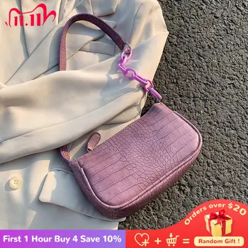 

Vintage Crocodile Pattern Chain Women Underarm Handbags New Fashion Design Ladies Small Shoulder Bag Girls Party Baguette Purse