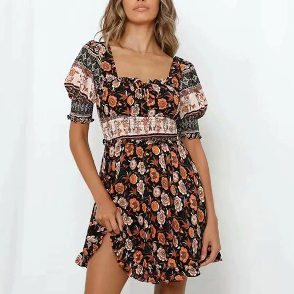 

TEELYNN sexy backless Bohemian Floral Print Mini Dress Vintage puff Sleeve Vestidos Summer dress Beach Boho Women Dresses 2020