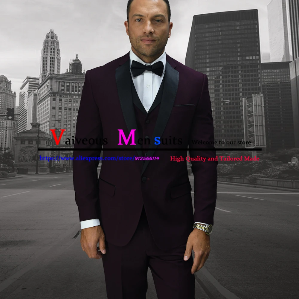 coat suit for men Burgundy Men Suits 3 Pcs Black Collar Wedding Suit For Men 2022 Groom Wear Custom Made Slim Blazer Set Tuxedo (Jacket+Pant+Vest) áo khoác blazer