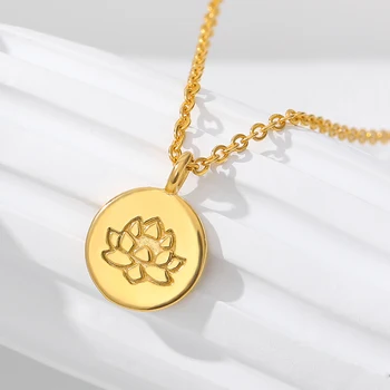 

Minimalism Round Disc Pendant Lotus Coin Necklace Yoga Jewelry Stainless Steel Flower Charm Necklace Best Friend Gifts Collier