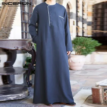 

INCERUN Muslim Clothes Men Arabic Islamic Kaftan Solid Color Long Sleeve Round Neck Men Jubba Thobe Loose Vintage Robes S-5XL