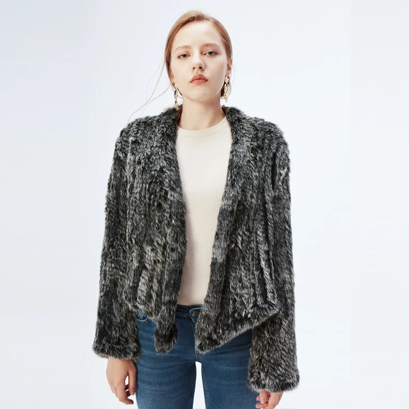 

Real Knited Rabbit Fur Cardigan Coat Jacket Natural Hand-made Irregular Collar Garment Frost Black Rabbit Fur Knitted Outerwear