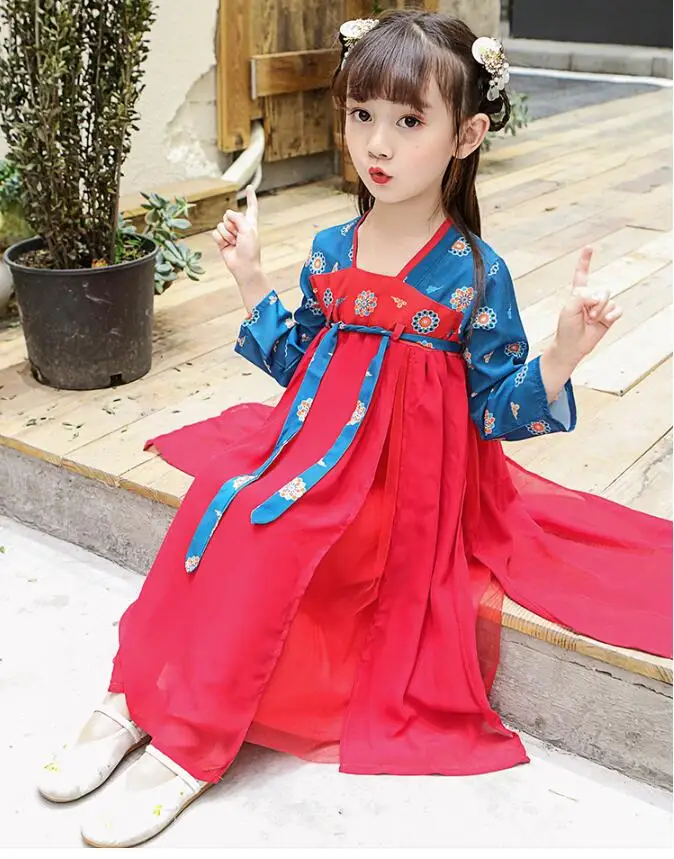 Hanfu/Детское платье для маленьких девочек; элегантные костюмы Феи; костюм Древнего Китая с цветочным принтом; одежда для детей в Корейском стиле