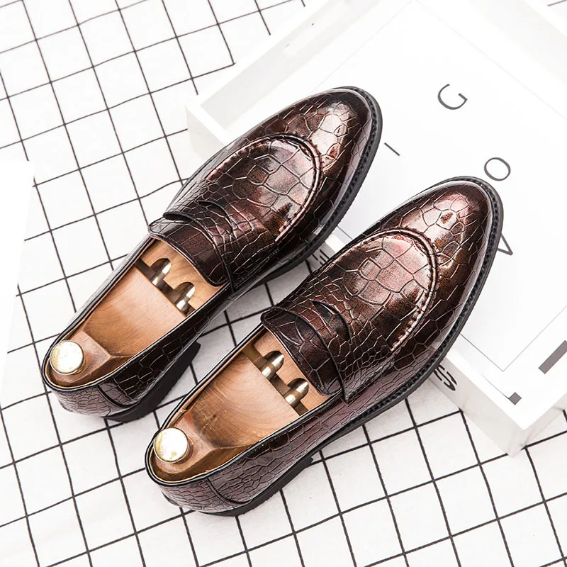 Merkmak British Style Men Dress Shoe Fashion Crocodile Pattern Slip-on Business Formal Shoe Big Size Party Wedding Footwear