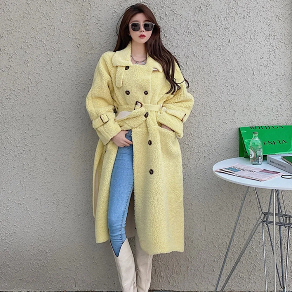 

Woolen Overcoat Fashion Women 2020 Elegent Loose Belt Lapel Imitation Lamb Wool Autumn And Winter Long Coat The New Solid Color