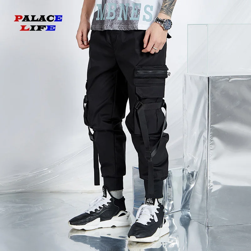 

2019 Men Hip Hop Streetwear Men's Black Cargo Joggers Pants Ribbons Design Dancing Pants Trousers Harem Pant pantalones hombre