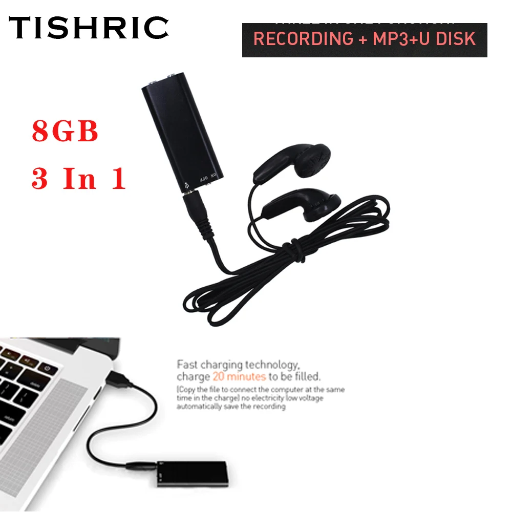 

TISHRIC Dictaphone Mini/Micro Digital Audio/Voice/Sound Recorder Pen USB Flash Drive 8GB MP3 Player 3 in 1 Recorder Professional