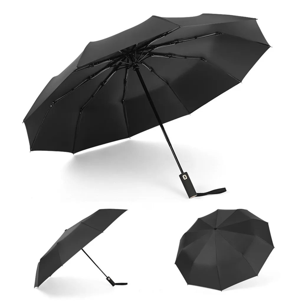 New 1PC Black Automatic Folding Business Umbrella Gold Handle Tri-Fold Umbrella High Quality 1015#30