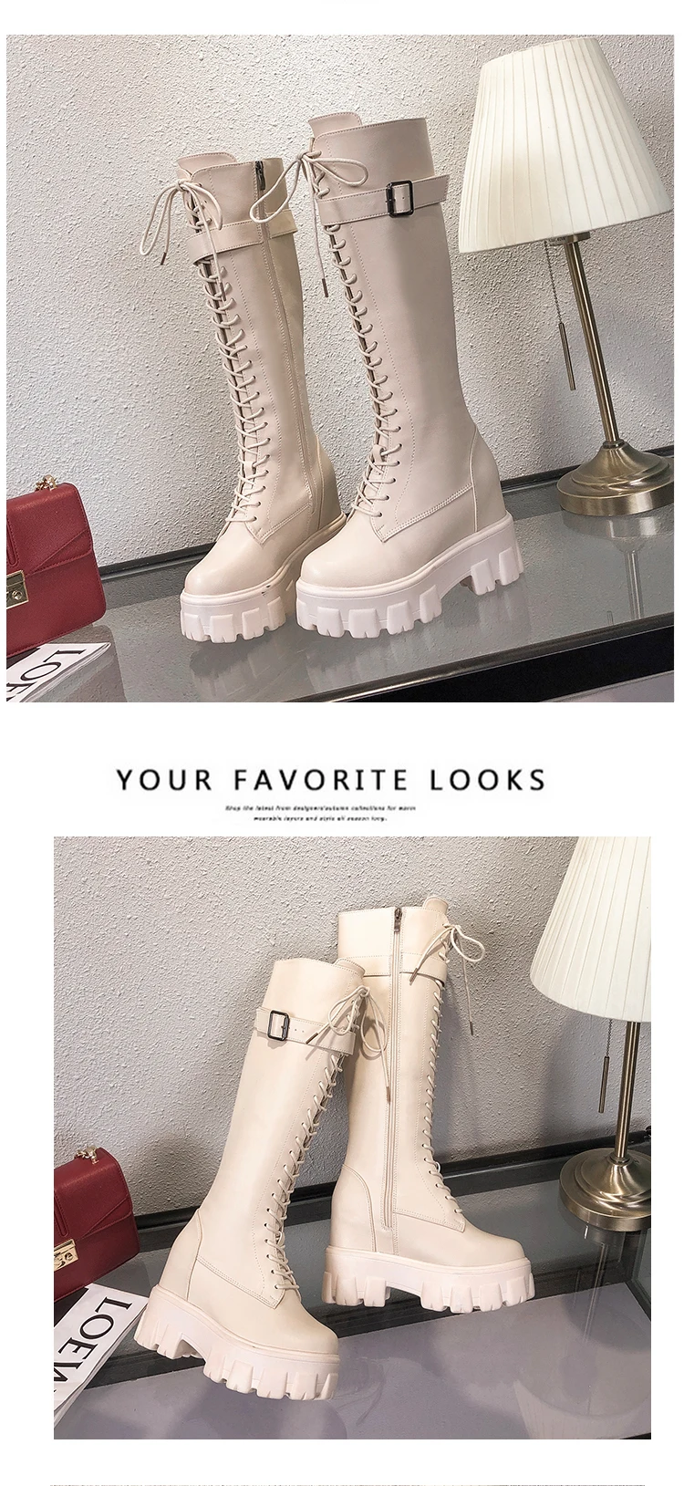 patent leather knee high boots fashion women's increased shoes winter warm lace-up long boots platform punk boots