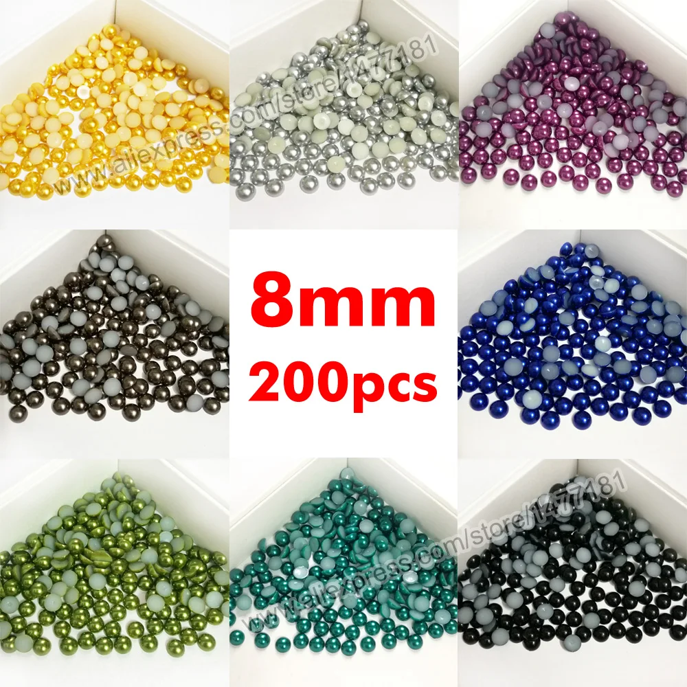 

200pcs 8mm PEARLS Half Round Immitation Faux Acrylic Flat Back Resin Cabochon Half Dome Pearl Finish Beads DIY Crafts Supplies