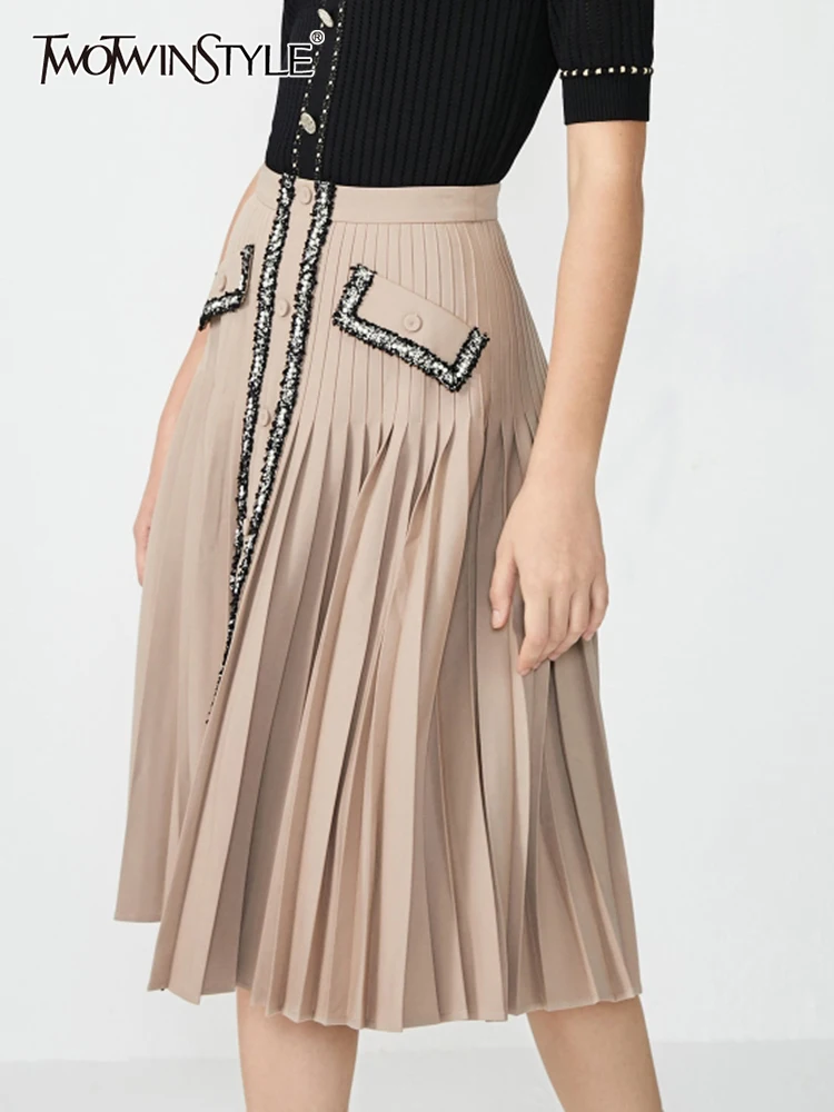 Twotwinstyle Khaki Patchwork Pocket Casual Skirt For Women High Waist