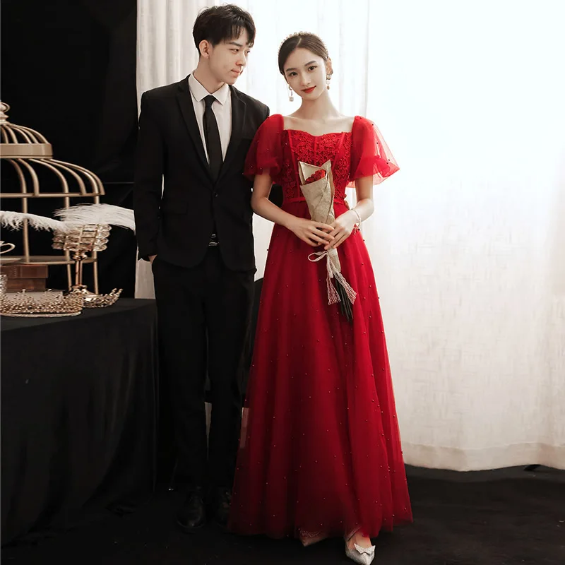 

Bride Weding Evening Dresses Long Wine Red Elegant Puff Sleeve Tulle Formal Party Dress A-line Floor-Length Prom Gown Women
