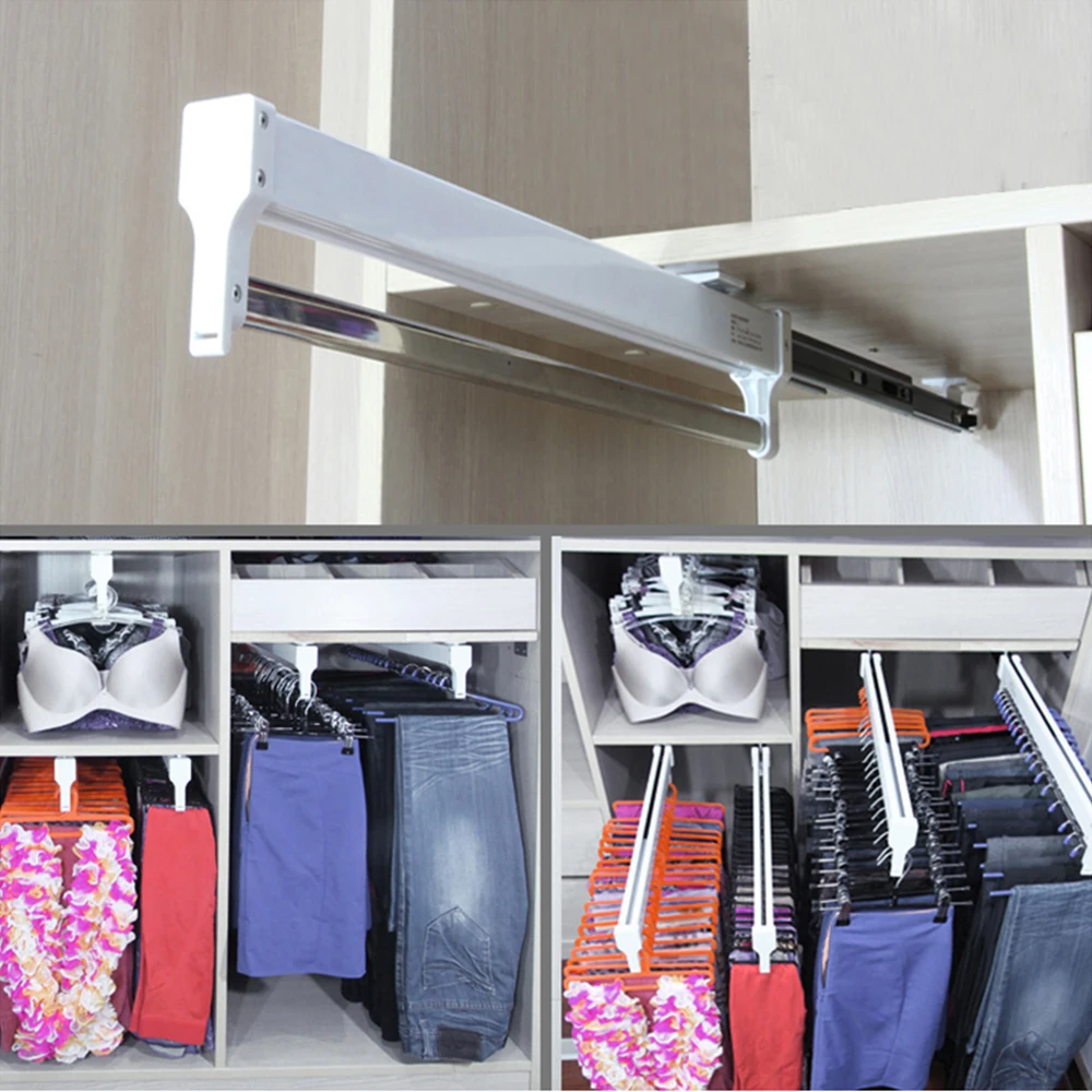 Pull-Out Closet Shelf Adjustable Valet Rod Wardrobe Clothing Rail