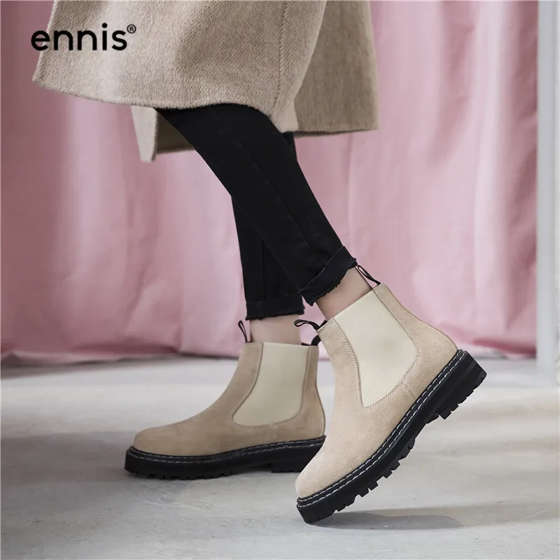ENNIS/брендовые замшевые ботинки; женские ботильоны на платформе; обувь на низком каблуке; женские ботинки из коровьей кожи на плоской подошве; модная обувь без застежки; Новинка; A9230