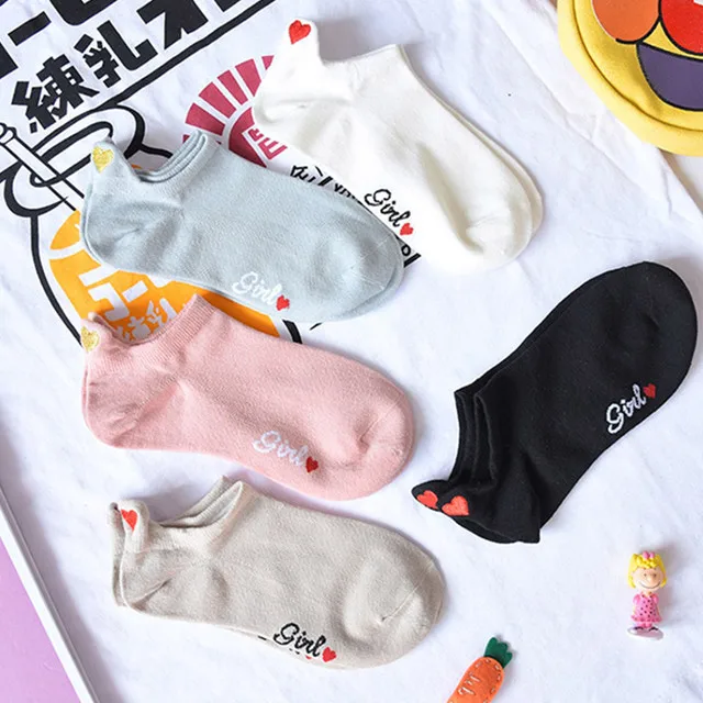 5 Colors 5 пар милых носков с сердечками женские короткие носки хлопковые носки с вышивкой удобные дышащие лодочки носки для девочек Лидер продаж - Цвет: 5 Colors
